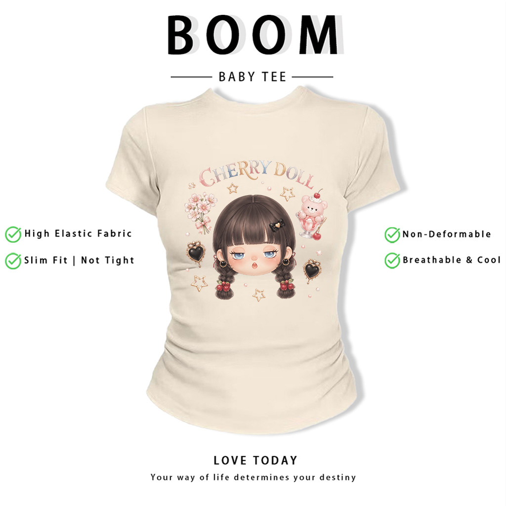 BOOM Áo Baby Tee Nữ Cotton Ôm Body-Áo Thun Ngắn Tay Y2K In Hình PhongCách Mùa Hè, Cổ Tròn Hàng Đầucách hàn quốc phong341