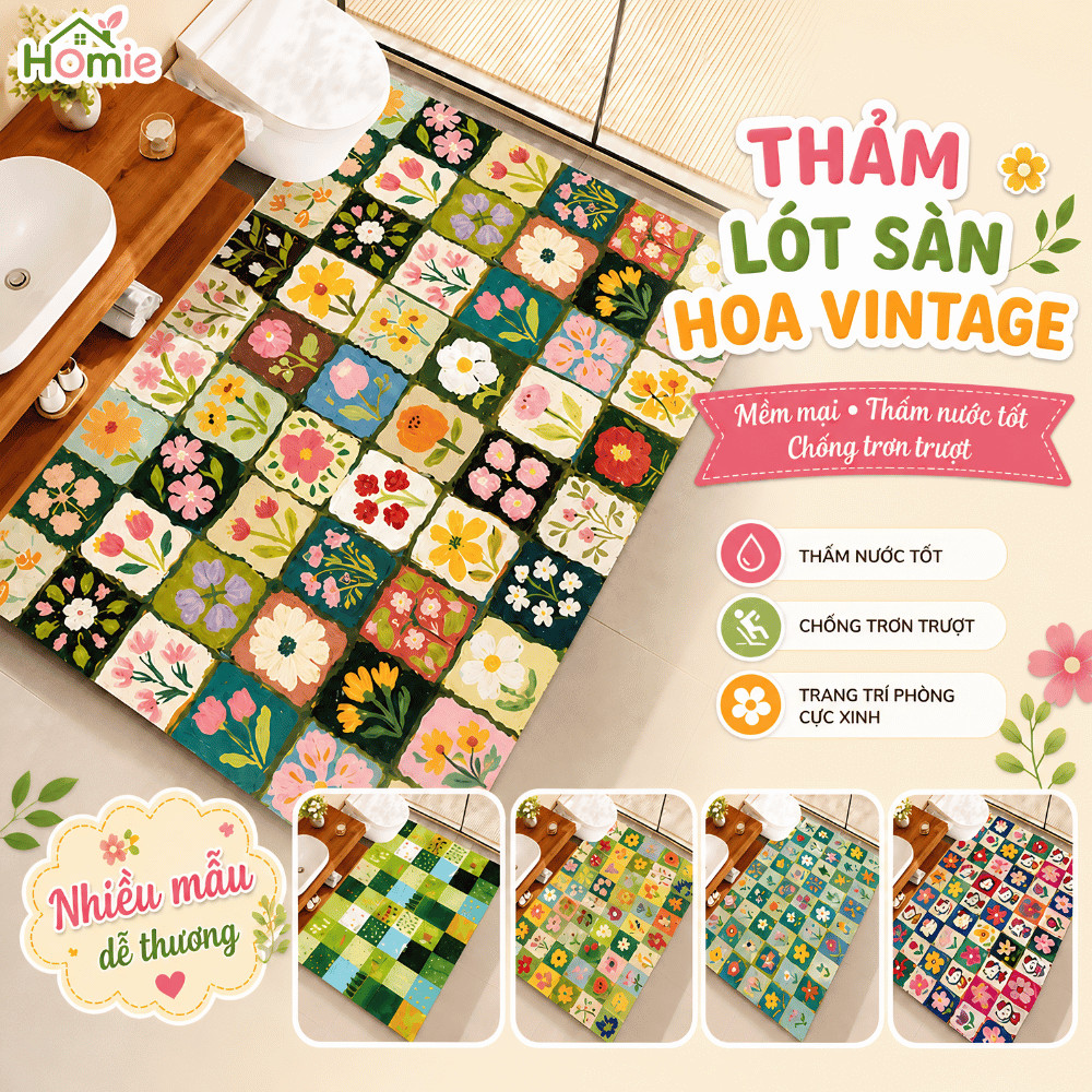 Thảm Trải Sàn Hoa Vintage 50x80cm Cỡ Lớn Tảo Cát Thấm Hút HOMIE, Thảm Lau Chân Chống Trượt Nhà Tắm