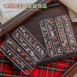 Bộ 12 Lưới Hộp Giáng Sinh Vòng Hoa Làm Móng Tay Trang Sức Kim Cương Ngọc Trai Nơ Hợp Kim Phụ Kiện Móng Tay Có Thể Đeo Được Phụ Kiện Móng Tay