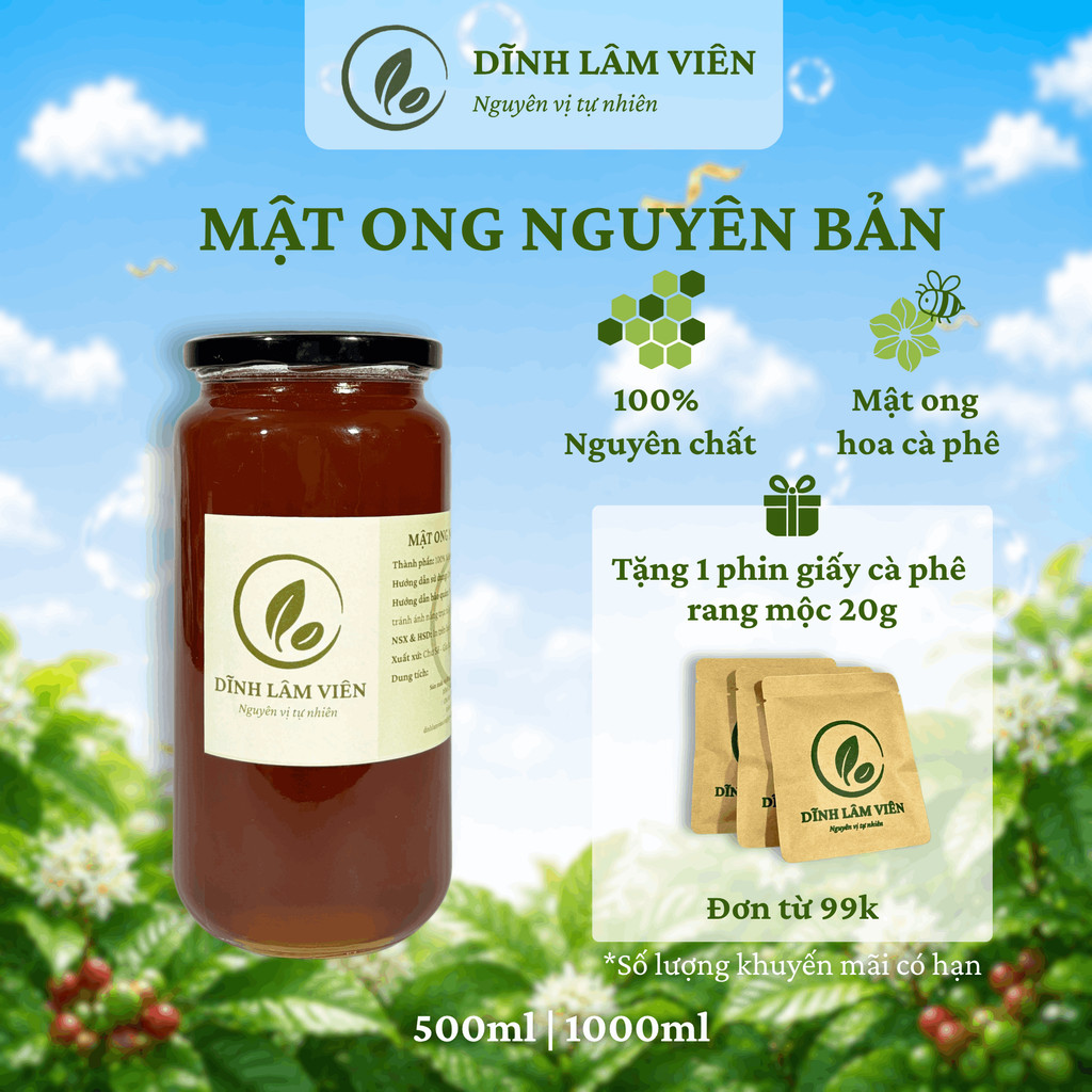 Mật ong hoa cà phê Gia Lai nguyên bản nguyên chất 500-1000ml hũ thuỷ tinh | Dĩnh Lâm Viên