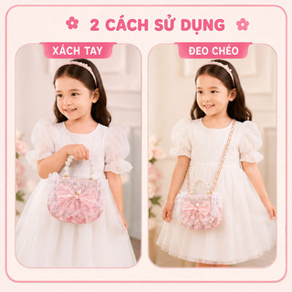Túi xách cho bé gái – Nơ bướm, đính ngọc trai, phong cách công chúa, đeo chéo, xách tay, chất liệu dạ cao cấp, đi chơi