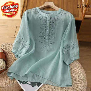Giao hàng nội địa từ Việt Nam 2025 Mùa hè Áo sơ mi nữ cotton lanh mới, kiểu dáng thêu, áo pullover