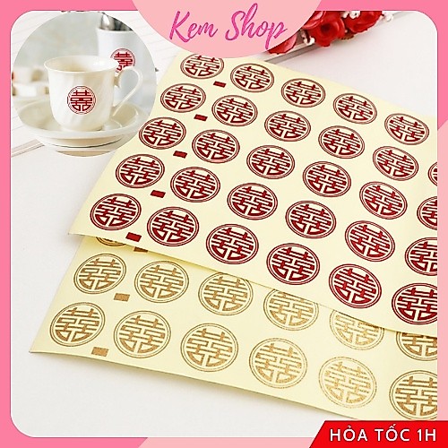 Decal chữ hỷ dán trầu cau, trái cây, tem dán chữ song hỷ trang trí đám cưới set 49 decal - Kem Shop K319