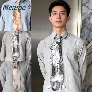 Cà vạt nam hình mèo METUBE, Cà vạt mèo con sống động như thật, Thời trang mới lạ Vải Satin họa tiết động vật Dây buộc cổ sáng tạo cho đám cưới và bữa tiệc