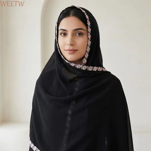Khăn choàng thêu hoa hồng WEETW, Khăn choàng voan dài thoáng khí, Khăn trùm đầu Turban màu trơn thời trang thanh lịch 180 * 70cm