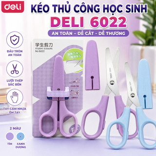 Kéo Thủ Công Học Sinh Deli 6022 Tím / Xanh Dương - Kéo Cắt Giấy Nhỏ Gọn Thiết Kế Dễ Thương, An Toàn
