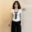 Phong cách Hàn Quốc Pure Desire Cổ thấp chấm bi phối ren Áo thun ngắn tay giả hai mảnh phong cách mới mùa hè