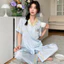 Bộ đồ ngồi ngắn tay dành cho nữ Thiết kế tông màu trơn kiểu Pháp để thanh lịch trong nhà, mặc ban đêm và cảnh giải trí gia đình hàng ngày