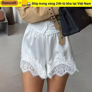 ESSENCEH Ren Chắp Vá Quần Short, Ren Y2k Ngủ Quần Short, Vintage Satin Lụa Co Giãn Eo Mềm Mại Nữ Dạo Phố