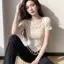Phong cách Hàn Quốc nhẹ nhàng Phong cách trưởng thành Thời trang tua rua không đều Cổ vuông Áo thun ngắn tay nữ mùa hè Phong cách mới Áo dáng rộng