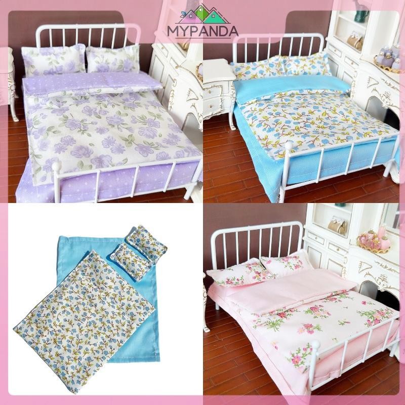 MYPANDA Bộ giường thu nhỏ 1/12 cho nhà búp bê: 4 món ga trải, trang trí phòng ngủ búp bê