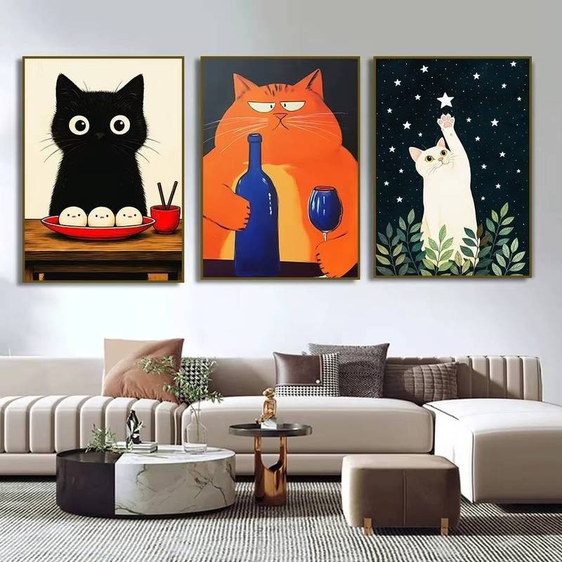 Tranh Canvas Mì Ống Mèo Đen Cocktail Khói Trang Trí Tường Phòng Khách