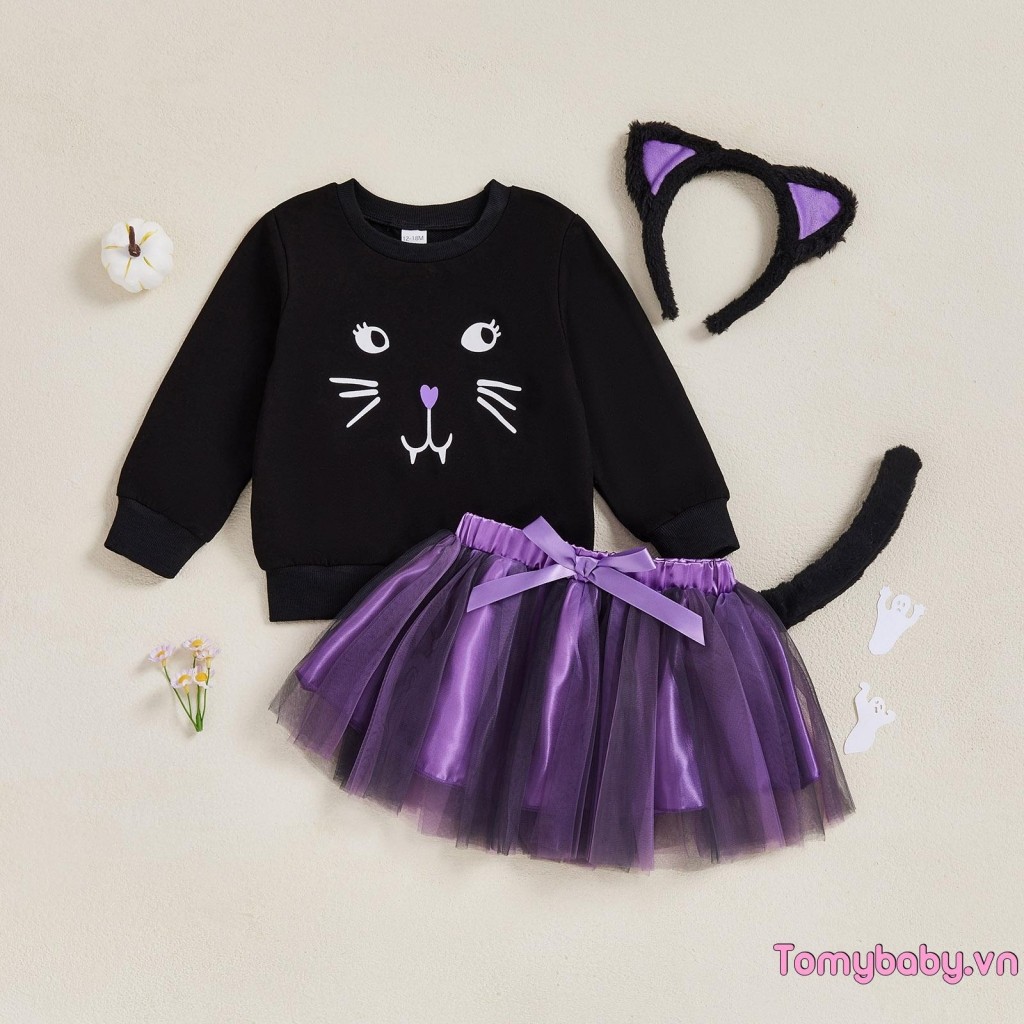 Bộ trang phục Halloween cho bé gái mới biết đi Áo thun in hình mèo + Váy chữ A Mini vải tuyn + Đuôi + Băng đô Bộ 4 chiếc