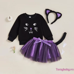 Bộ trang phục Halloween cho bé gái mới biết đi Áo thun in hình mèo + Váy chữ A Mini vải tuyn + Đuôi + Băng đô Bộ 4 chiếc