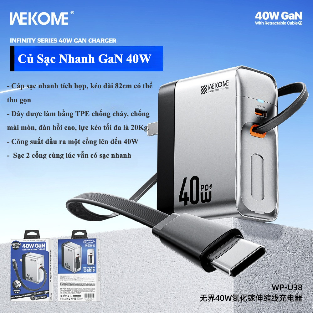 Củ Sạc nhanh GaN 40W - Hãng WEKOME- kèm dây rút – Type C dài 82cm - Sạc nhanh PD - Bảo hành 6 tháng