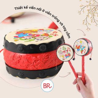 Trống lắc tay truyền thống vui nhộn đồ chơi cho bé - Trống gỗ Trung Thu họa tiết dân gian in nổi bắt mắt ANGIHOME