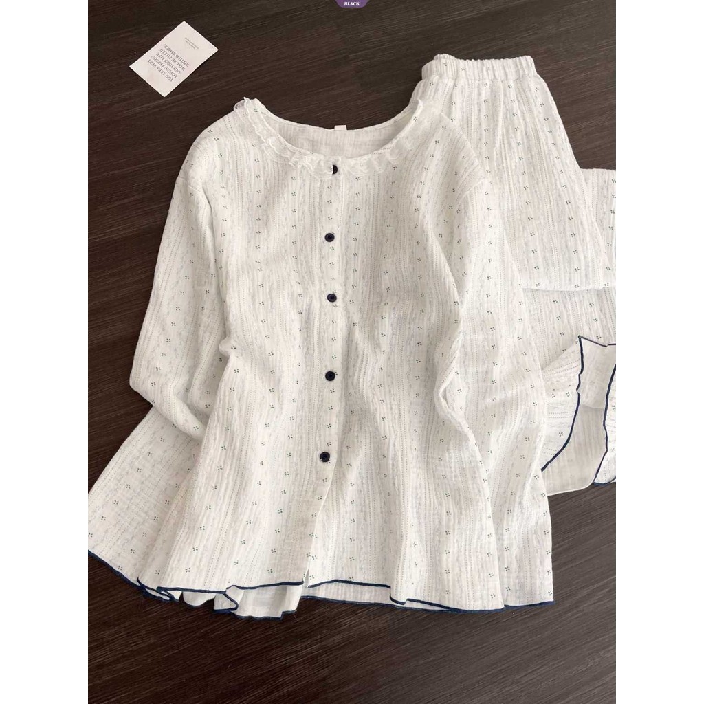 Bộ đồ ngủ hoa ren sọc nữ, quần dài tay, style Nhật Bản phù hợp xuân thu