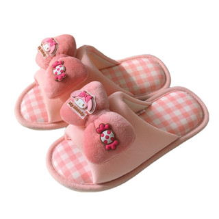 XIXITIAO Vải Lanh Cotton Dép Nữ Sanrio Sáng Tạo Kẻ Sọc Phẳng Nhà Thoải Mái Nhẹ Bốn Mùa Đa Năng