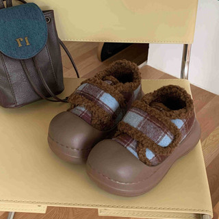 XIXITIAO Giày Cotton Nữ Mùa Đông Retro Màu Sắc Tương Phản Kẻ Sọc Bên Ngoài Mặc Velcro Đế Dày Giữ Ấm