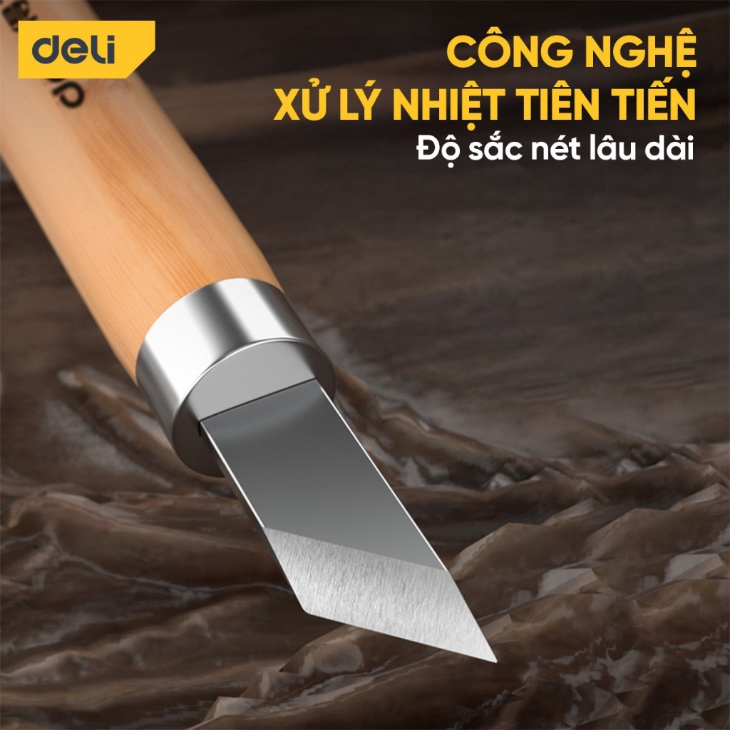 Bộ dao khắc cán gỗ Deli Cao Cấp - Lưỡi SK2 sắc bén - Khắc gỗ, hoa quả, thạch cao, giấy