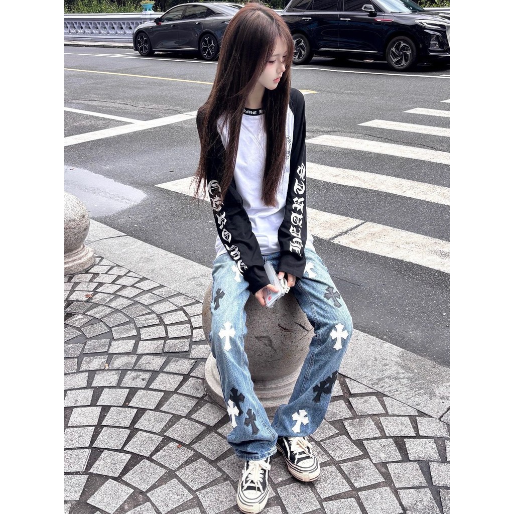 Milyfashion Kích Thước Lớn In Chữ Thiết Kế Đáy Dài Tay T Thu Đông Phong Cách Mới Tương Phản Màu Khâu Top Quần Áo Nữ