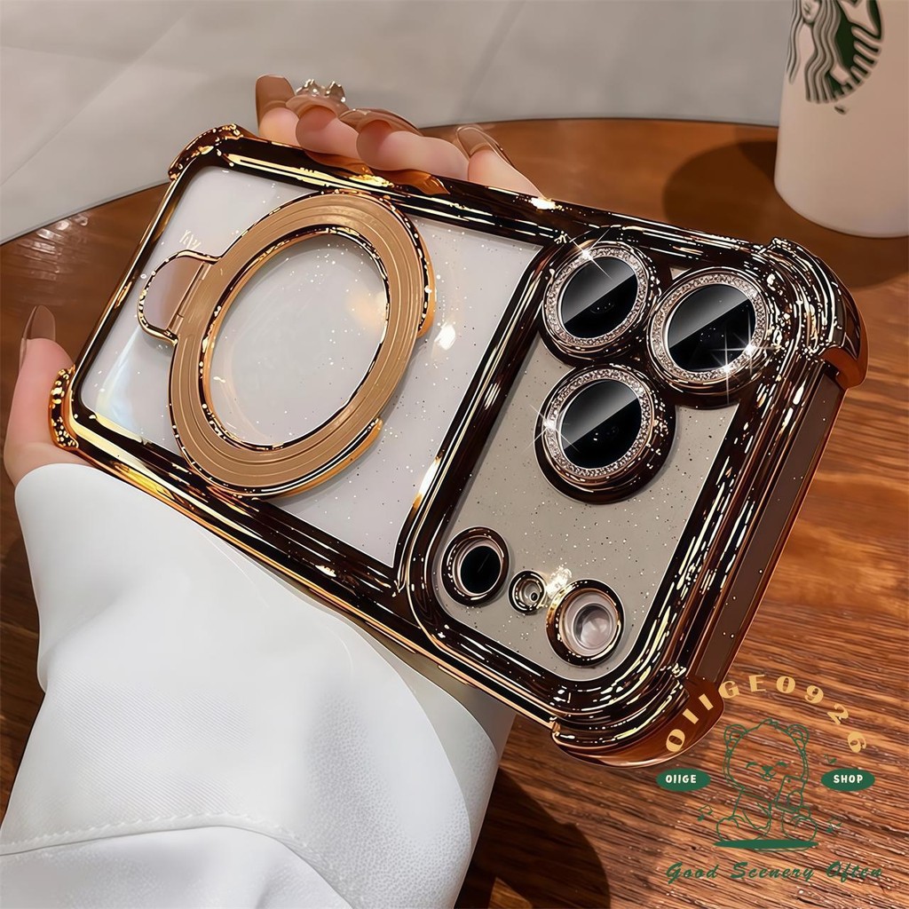 【 Ốp lưng iPhone17 】 Túi khí màu cam Giá đỡ lấp lánh Vỏ điện thoại từ tính iphone17 Pro Max 16 15 14 13 12 cho vỏ iPhone Vỏ mềm silicon TPU chống sốc