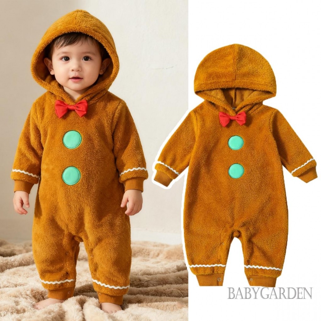 Trẻ Sơ Sinh Cho Bé Giáng Sinh Fuzzy Jumpsuit Bánh Gừng Người Dễ Thương Có Mũ Trùm Đầu Áo Liền Quần Trang Phục Quần Áo