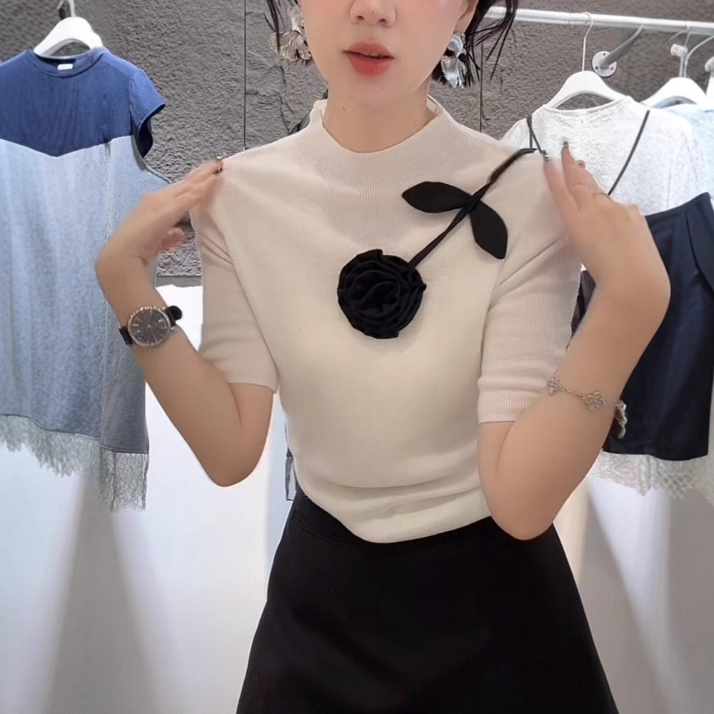 Hàng áo dệt kim giữa tay nữ, thiết kế slim fit phong cách phương Tây, hoa văn giảm tuổi