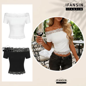 Áo đeo vai IFASIN, Áo Crop top cổ vai ngắn tay, Áo Crop top ôm sát cơ thể thanh lịch bằng vải mềm Slim Fit Áo kiểu đường phố