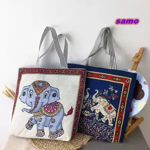 Túi Đeo Vai Vải SAMO, Túi Mua Sắm Nữ Họa Tiết Voi Thêu Hai Mặt, Thời Trang In Lớn Vintage Sinh Viên Túi Sách Nữ Bé Gái