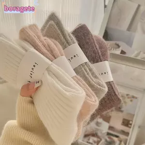 Tất ống giữa BORAGETE, Tất nhung ấm áp mùa đông bằng vải Cashmere, Tất sọc dày thời trang ngủ tại nhà dành cho nữ