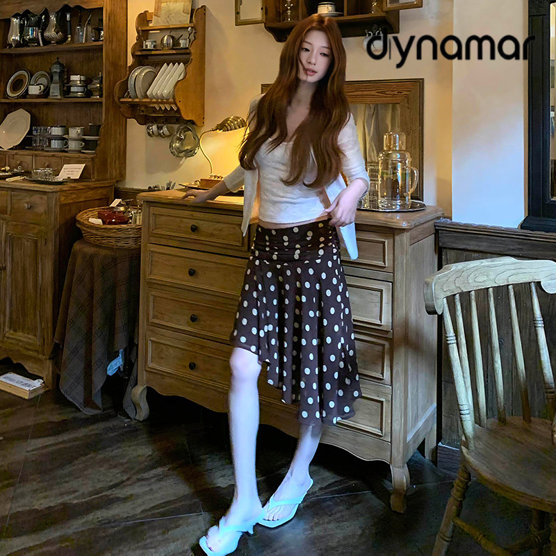 【dynamar】Chân Váy Voan Chấm Bi Vạt Chéo Vintage Nữ, Váy Voan Chấm Bi Nâu Dáng Xòe Hàn Quốc