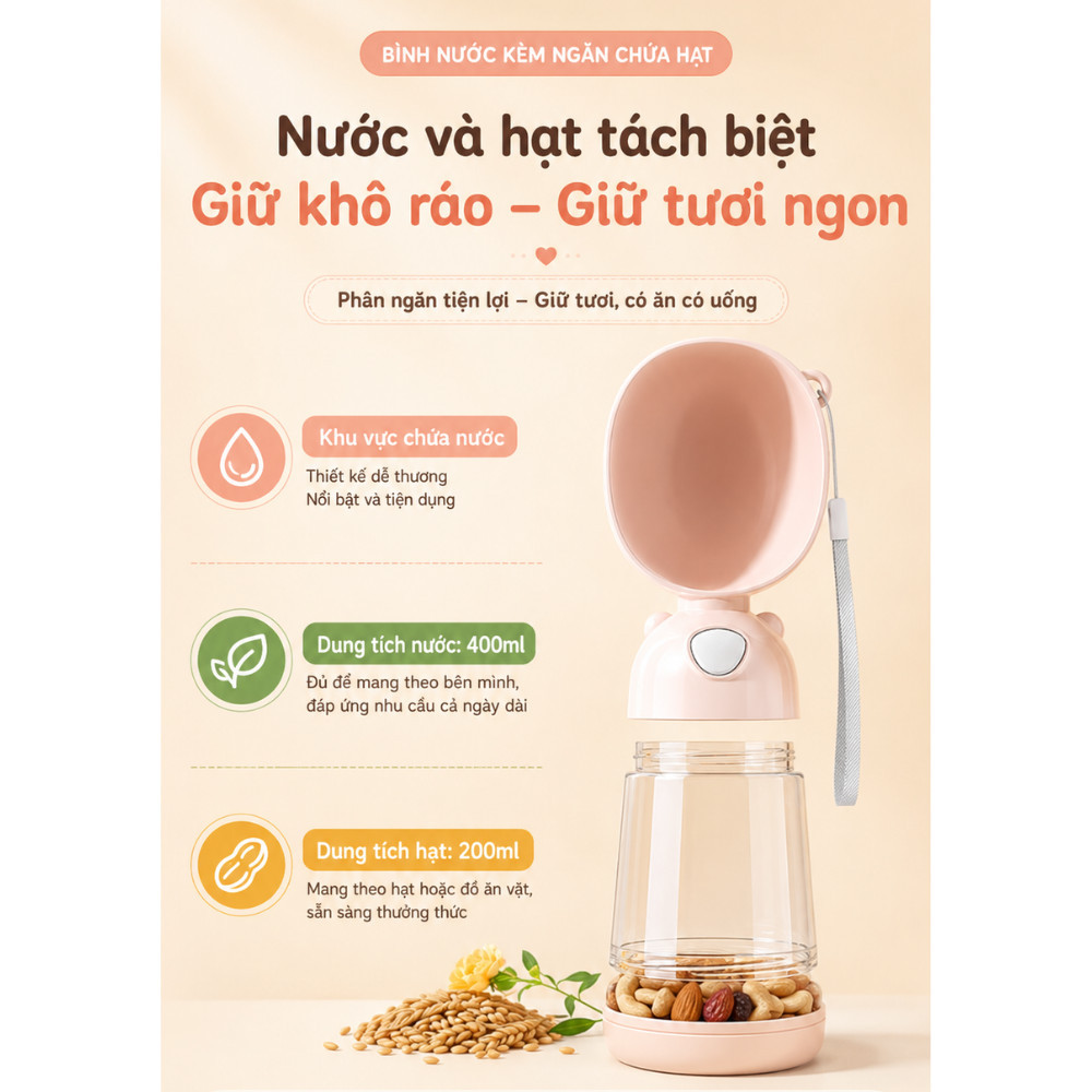 Bình Nước Cho Chó Mèo Di Động 2in1 Có Ngăn Đựng Hạt HOMIE, Bình Uống Nước Ngoài Trời Tiện Lợi