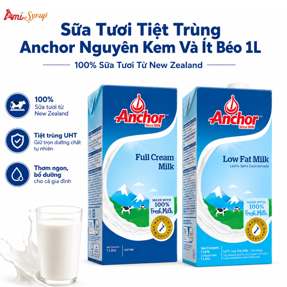 Sữa Tươi Tiệt Trùng Anchor Nguyên Kem Và Ít Béo 1L, Nguyên Liệu Pha Chế Cao Cấp Thơm Ngon Bổ Dưỡng