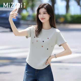 [Miziqi] 2026 Phong Cách Mới Cong Hem Áo Sơ Mi Tay Ngắn Áo Thun Nữ Trang Trọng Vai Thiết Kế Không Đều Top