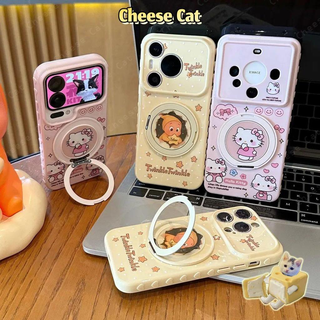 Ốp điện thoại màu hồng Kitty Star màu vàng Chân đế xoay kim loại cho iPhone 16 17 13 14 15 Plus 12 11 Pro Max Xs XR