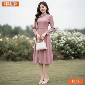 Đầm thiết kế BEMINE cổ trụ có dây nơ tay dài dáng chữ A phù hợp đi làm-B302