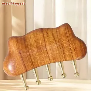 FAVORITEGOODS Lược kinh tuyến gỗ đàn hương vàng, Răng bấm huyệt bằng đồng thủ công bấm huyệt, Răng hợp kim đồng Lược kinh tuyến Bàn chải gỡ rối tóc bằng gỗ