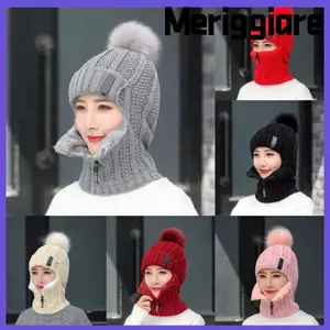 Mũ dệt kim len MERIGGIARE, Mũ len chống gió dày, Ấm cổ thường giữ ấm mùa đông Bộ khăn quàng cổ dành cho nữ