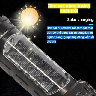 Đèn pin zoom siêu sáng 4 màu, chống nước, có thể dùng làm nguồn điện di động, sạc qua cổng USB và năng lượng mặt trời.