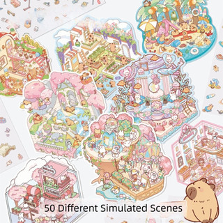 RISEDOT Nhãn dán cảnh quan thu nhỏ, Phim hoạt hình DIY House Sticker Scene Collection, Dễ thương 50 trong 1 Xếp chồng trực quan Nhãn dán phong cảnh PET Quà tặng sách