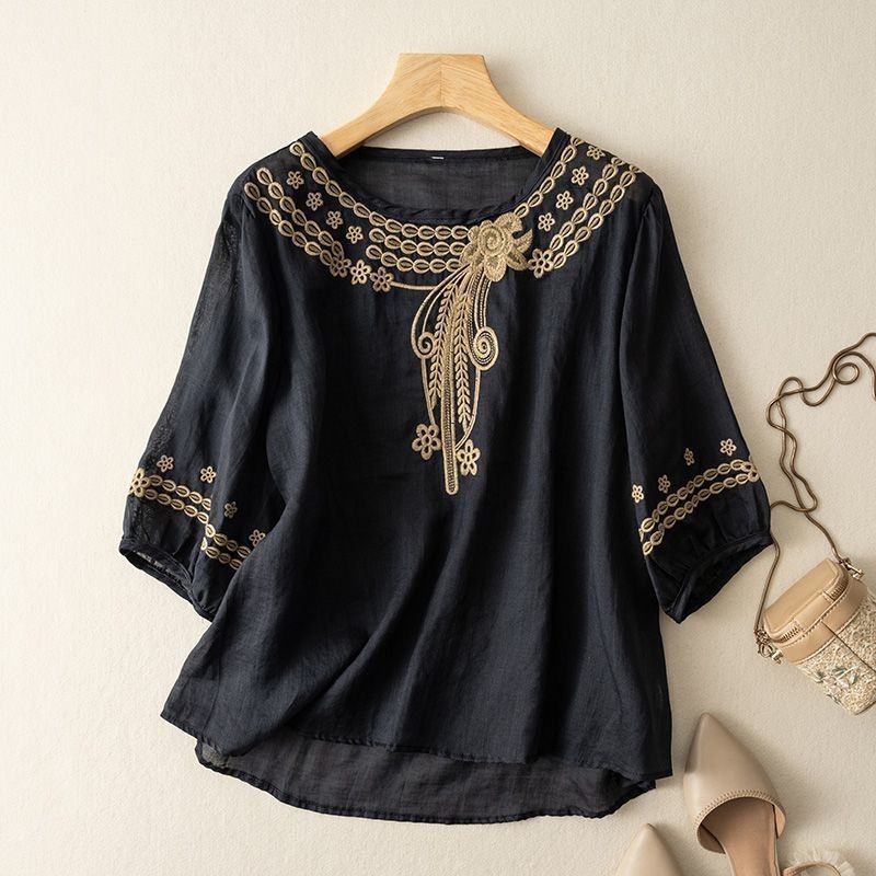 Áo thun cotton và vải lanh phong cách dân tộc cổ điển, thêu, dáng rộng cho mùa hè