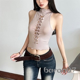 Áo Crop Top Mùa Hè Cho Nữ Màu Trơn Cổ Cao, Thiết Kế Thắt Nút Trước, Form Slim Fit