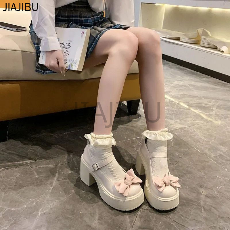 Size 34-44 Giày Da Gót Dày Màu Be/đen Chất Lượng Cao Đồng Phục JK Nhật Bản Lolita Nơ Cho Trường Học Giày Cao Gót Công Chúa Cosplay Mũi Tròn Chống Trượt Cỡ Lớn Phong Cách Pháp Cổ Điển Dành Cho Nữ Korean Fashion Platform Mary Jane Doll Shoes