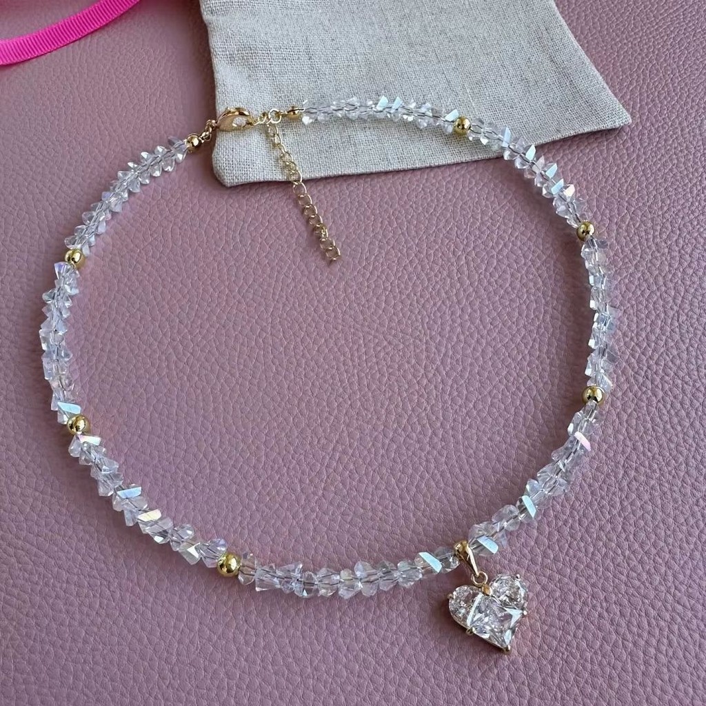 Vòng cổ handmade pha lê zircon với thiết kế đồng hồ kẻ sọc và trái tim ánh sáng sang trọng, dây thép không gỉ