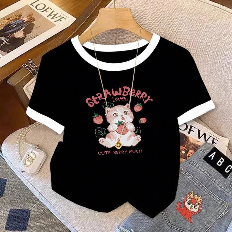Crop Top Dành Cho Nữ Mũm mĩm Cổ Tròn Tay Ngắn Vải Mỏng Thoải Mái Không Nén Slim Fit Thể Hiện Rõ Ràng In Hình Hoạt Hình Dễ Thương Và Sang Trọng.