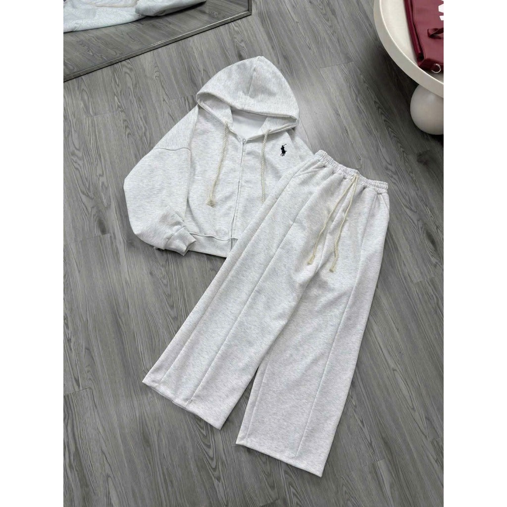 SÉT BỘ QUẦN ỐNG RỘNG Nỉ 2da xám tiêu + MIX ÁO khoác nỉ tầu có khoá in ngựa ngực-gonpho2k