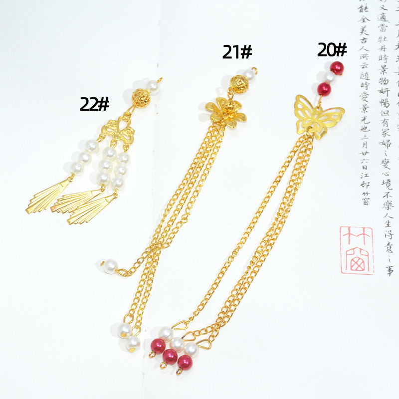 Quạt tua rua lớn màu đỏ họa tiết phượng hoàng kèm mặt dây chuyền ngọc trai - Bộ phụ kiện trang sức sang trọng