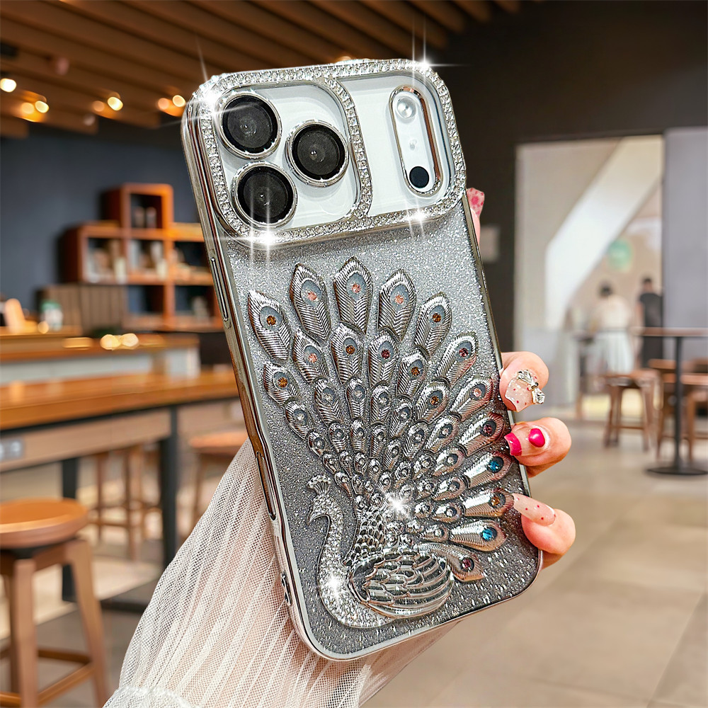 Ốp điện thoại hình con công Flash Diamond 3D cho iPhone 17 Pro Max 16 13 14 15 Pro Max Air Phim bảo vệ gương chống rơi TPU mềm vỏ bảo vệ điện thoại