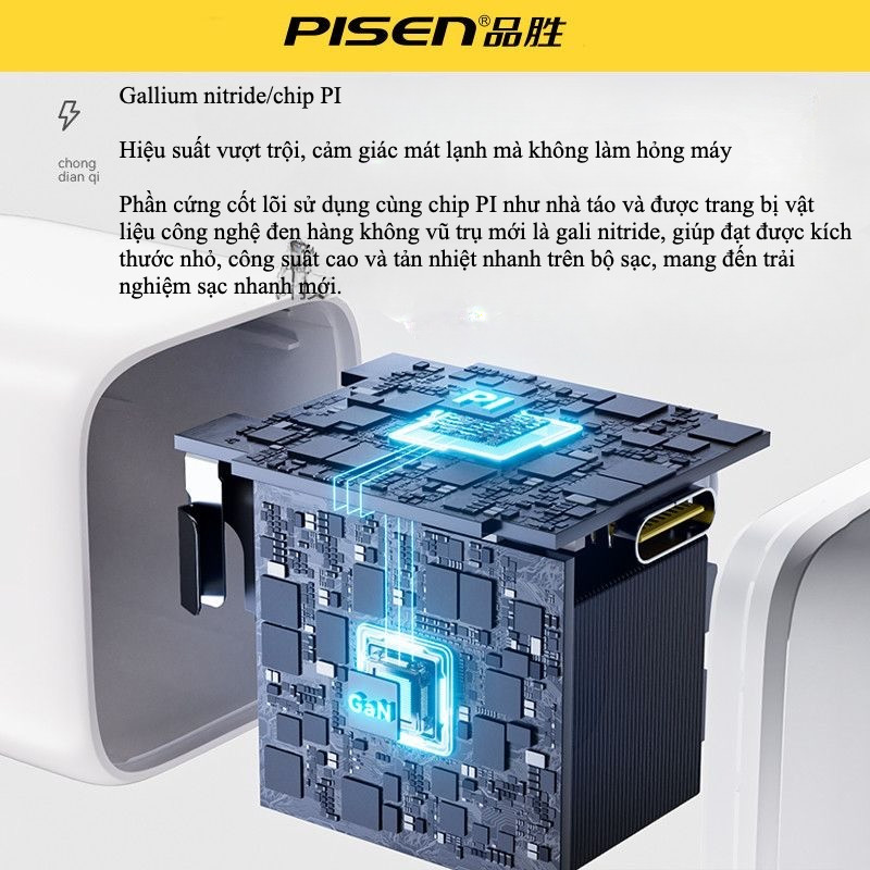 Bộ Sạc nhanh PISEN 30W GaN PD - Không nóng gắt củ - nhỏ gọn -  Tương thích nhiều dòng máy - Bảo hàng 6 tháng